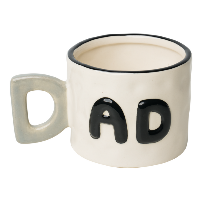 The Sophistiplate Ceramic Message Mug 'Dad', 14oz, features "DAD" in bold black letters with a D-shaped handle—making it a perfect gift for any dad.