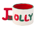 The Sophistiplate Ceramic Message Mug Jolly, 14oz, features "JOLLY" in red and green, a ceramic handle shaped like a red letter J with a green ribbon, and a bright red interior.
