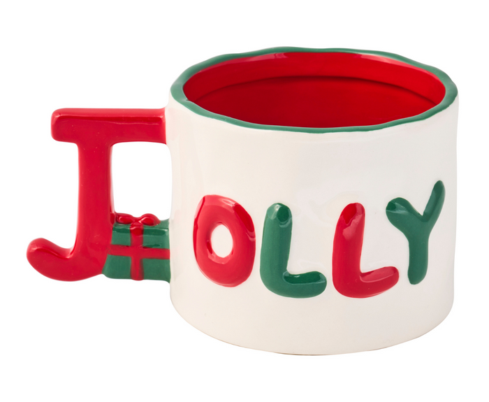 The Sophistiplate Ceramic Message Mug Jolly, 14oz, features "JOLLY" in red and green, a ceramic handle shaped like a red letter J with a green ribbon, and a bright red interior.