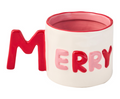 The Sophistiplate Ceramic Message Mug Merry, 14oz, features “MERRY” in red and pink with a large red M as the handle and a pink interior. Cheerful and practical, it’s microwave and dishwasher safe.