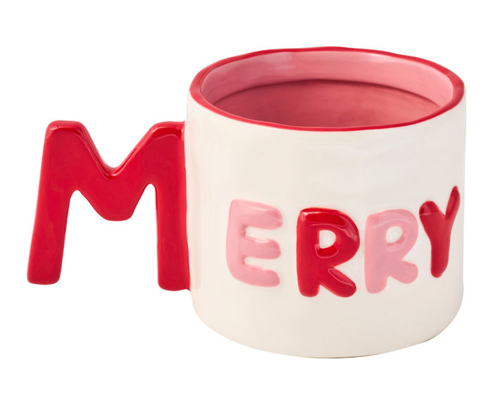 The Sophistiplate Ceramic Message Mug Merry, 14oz, features “MERRY” in red and pink with a large red M as the handle and a pink interior. Cheerful and practical, it’s microwave and dishwasher safe.