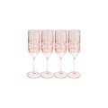 The Champagne Classic Blush 4 Pack by Sophistiplate LLC features four 8.9 oz pink-tinted, shatterproof champagne flutes with a geometric pattern—stylish, BPA-free, dishwasher safe, and perfect for any occasion. Arranged in a row on white background.