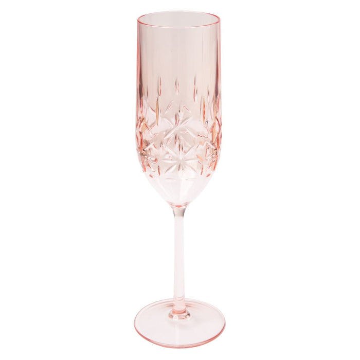 The Sophistiplate Champagne Classic | Blush | 8.9 Oz is a translucent pink, BPA-free plastic champagne flute with a long stem and faceted details, combining elegance and shatterproof safety.