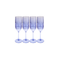 Four cobalt-hued Champagne Classic glasses (8.9 oz, BPA-free plastic) by Sophistiplate LLC feature faceted patterns and come in a 4-pack arranged in a row on a white background.