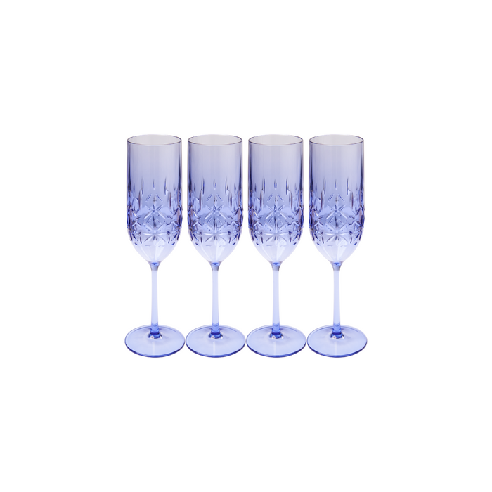 Four cobalt-hued Champagne Classic glasses (8.9 oz, BPA-free plastic) by Sophistiplate LLC feature faceted patterns and come in a 4-pack arranged in a row on a white background.