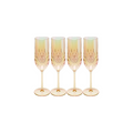 The Sophistiplate LLC Champagne Classic Gold 4 Pack features 8.9 oz BPA-free, shatterproof glasses with a geometric pattern. Iridescent and dishwasher safe, they stand in a row against a white background.