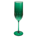 The Sophistiplate Champagne Classic in green holds 8.9 oz, features a transparent etched diamond pattern, a long slender stem, and is made from BPA-free, shatterproof plastic that's dishwasher safe for easy cleanup.