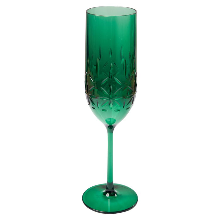 The Sophistiplate Champagne Classic in green holds 8.9 oz, features a transparent etched diamond pattern, a long slender stem, and is made from BPA-free, shatterproof plastic that's dishwasher safe for easy cleanup.