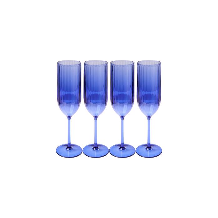 Four Sophistiplate LLC “Champagne Modern” cobalt-tinted 8 oz wine glasses, BPA-free with ribbed textures, are arranged in a row on a white background. Pack of 4.