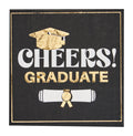 The Sugarplum Cheers Graduate Cocktail Napkins (26pk) feature a black square design with gold and white "CHEERS! GRADUATE" text, a gold cap above, and a rolled diploma tied with a gold ribbon—perfect for graduation celebrations.