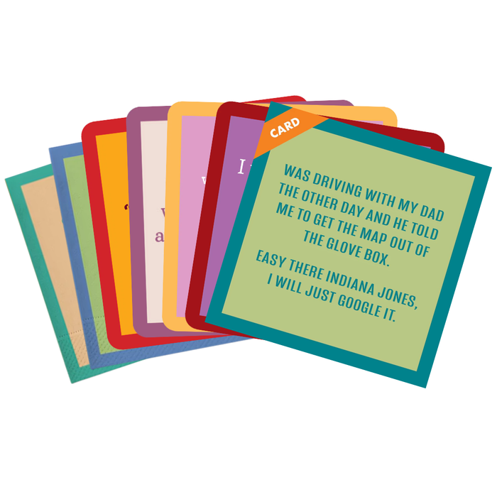 The Cheers to Dad Gift Bundle 1 by Drinks On Me features a stack of colorful cards, including a funny one about using Google Maps instead of a paper map—a perfect Father’s Day gift for any dad!.