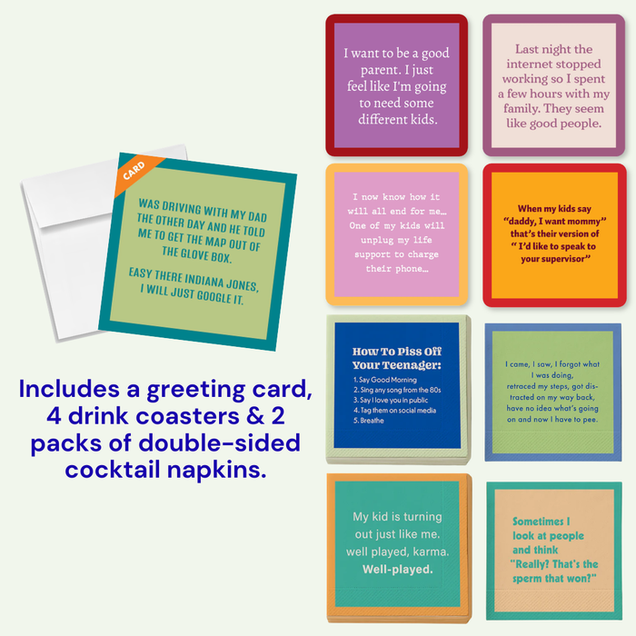 The Drinks On Me Cheers to Dad Gift Bundle 1 features a greeting card, 4 coasters, and 2 packs of double-sided cocktail napkins with funny parenting quotes in bright boxes—perfect for Father’s Day. Open white envelope in top left corner.