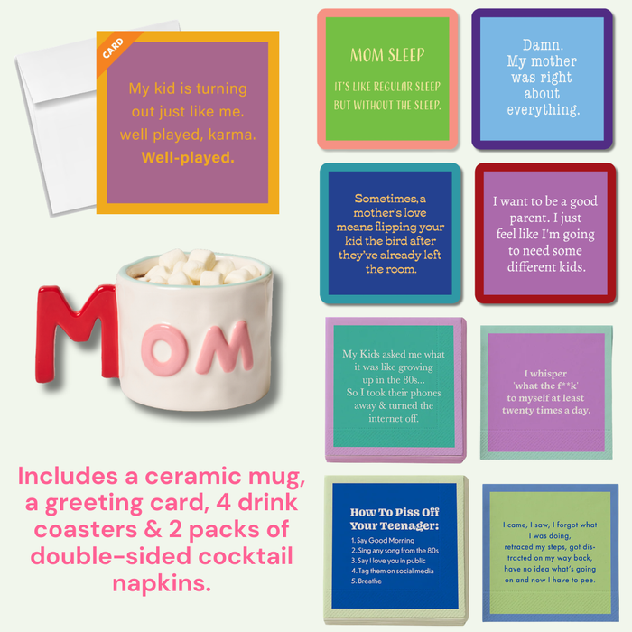 The Cheers to Mom Gift Set 2 by Sophistiplate LLC features a ceramic MOM mug, greeting card, 4 mom quote coasters, and 2 packs of double-sided cocktail napkins—perfect for Mother’s Day!.