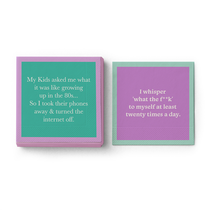 The Cheers to Mom Gift Set 2 by Sophistiplate LLC includes two funny square napkins: "My kids asked me what it was like growing up in the 80s..." and "I whisper what the f**k to myself at least twenty times a day." Perfect for Mother's Day!.