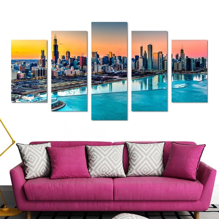 Chicago Skyline Harbor Sunset Wall Art Frame Canvas Printing Decor