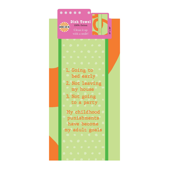 Brighten your kitchen with the "Childhood Punishments Towel" by Drinks On Me—featuring green and orange polka dots and a witty list of punishments turned adult goals. A perfect sarcastic dish towel for humor lovers!.
