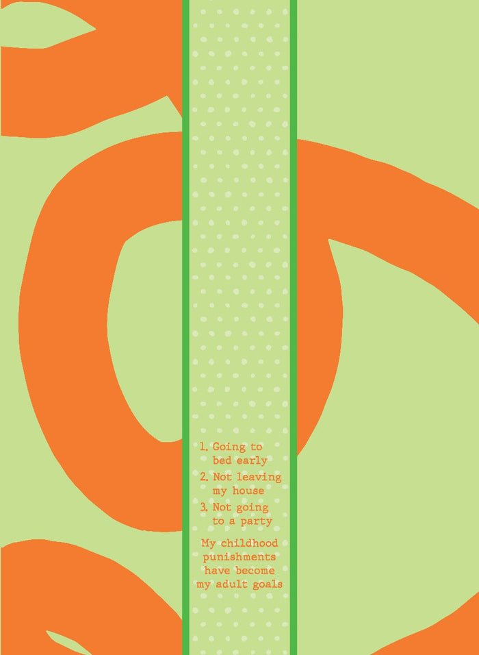 The Childhood Punishments Towel by Drinks On Me features a green and orange abstract background with a light green center strip and the text: “1. Going to bed early 2. Not leaving my house 3. Not going to a party.”.