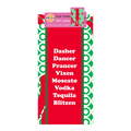 The CHRISTMAS Blitzen Dish Towel by Drinks On Me features a green and white circle design with a funny red panel listing reindeer and drinks—adding festive kitchen humor for a unique housewarming gift.