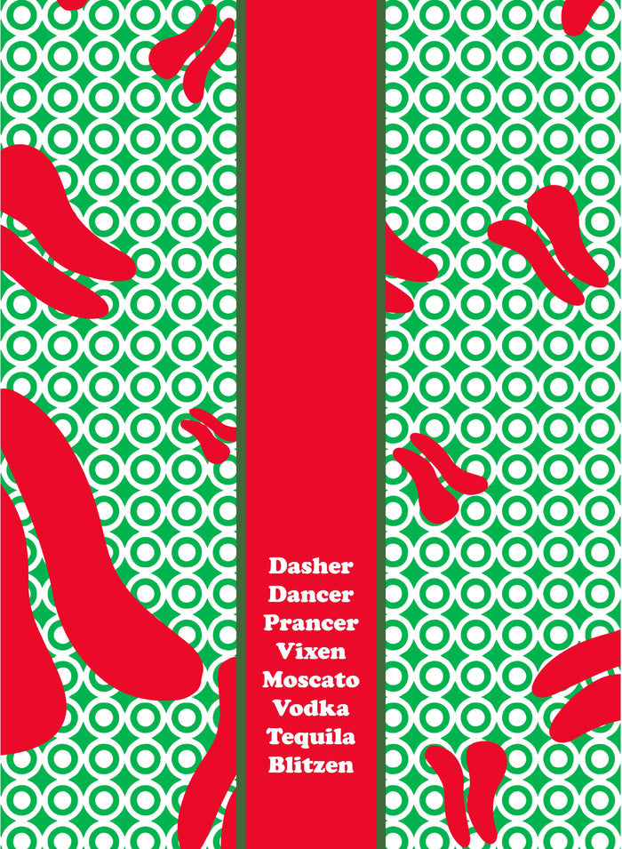The CHRISTMAS Blitzen Dish Towel by Drinks On Me features festive green circles, bold red shapes, and a vertical strip with reindeer and drink names—adding humor to your kitchen and making it a great housewarming gift.