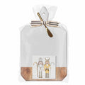 The Sophistiplate Christmas Board Gift Kit: Gilded Nutcracker includes a gift-wrapped acacia wood charcuterie board, a small knife, ribbon, and napkin illustrated with two nutcrackers—an ideal hostess gift.