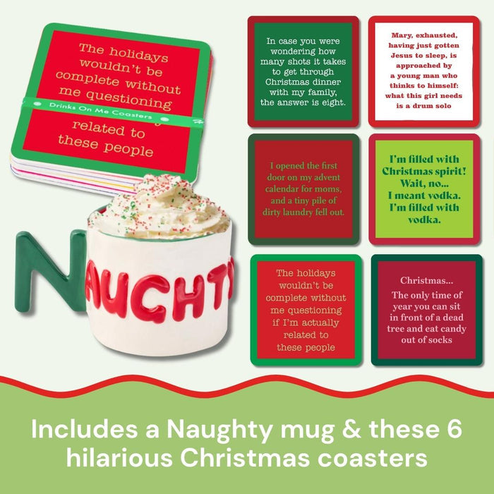 The Drinks On Me Christmas Coaster Bundle- Version 1 features a white Naughty mug and six witty holiday coasters, shown on a red and green backdrop—a perfect, cheerful stocking stuffer for the festive season.