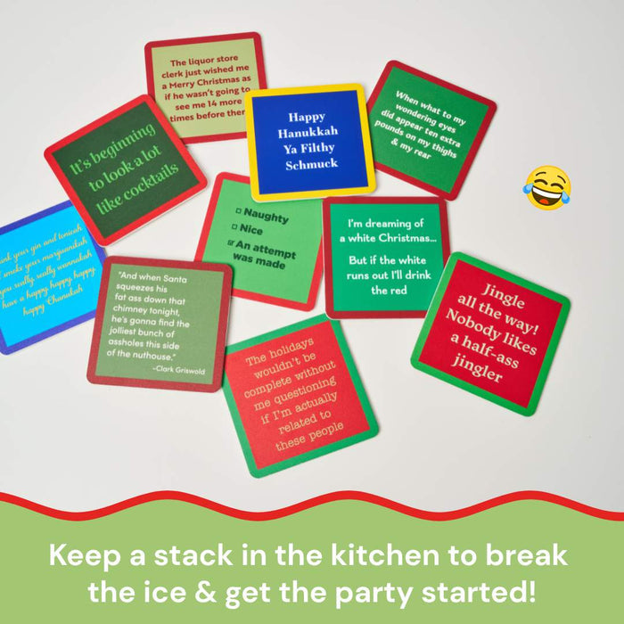Drinks On Me's Christmas Coaster Bundle- Version 1 features holiday coasters with funny quotes on a white surface. The text says: Keep a stack in the kitchen to break the ice and get the party started—perfect as a stocking stuffer!.