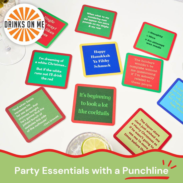 The Christmas Coaster Bundle: Version 2 by Drinks On Me features colorful coasters with funny holiday and party sayings, perfect as a stocking stuffer or hostess gift. A banner below reads, Party Essentials with a Punchline.