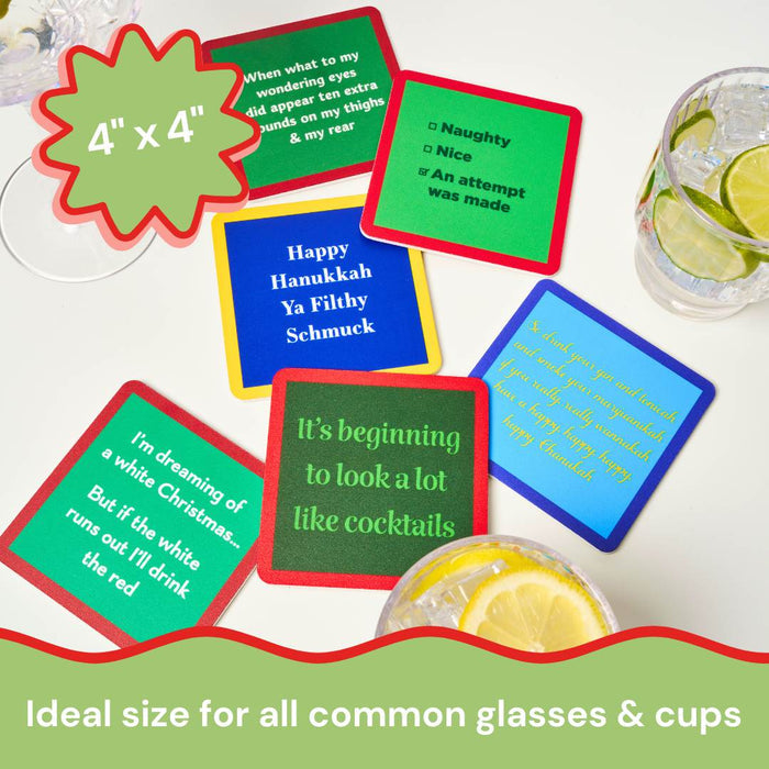 A hand holds a festive coaster from Drinks On Me’s Christmas Coaster Bundle: Version 2, one of seven with funny holiday messages. A lemon drink sits nearby. Text reads: 4 x 4. Perfect stocking stuffer and fits all common glasses & cups.
