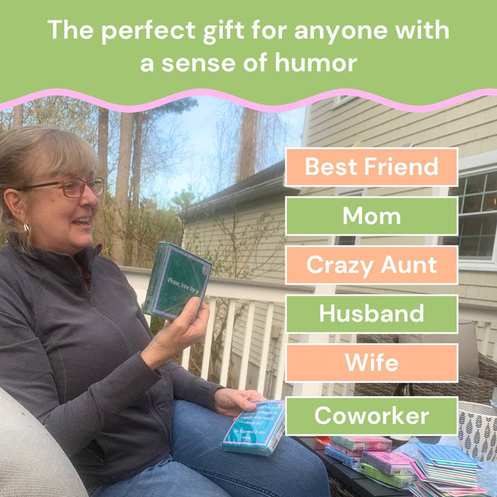 A smiling woman holds the Christmas Coaster Bundle: Version 2 by Drinks On Me on a porch. Text says, “The perfect hostess gift or stocking stuffer for anyone with a sense of humor.” Labels list Best Friend, Mom, Aunt, Husband, Wife & Coworker.