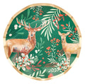Upgrade your holiday table with the Sophistiplate Christmas Forest Salad Plates/8pk. Each round plate features elegant wavy edges with gold trim and a beautifully painted stag and doe, surrounded by green leaves, red berries, and white accents on a rich green background. Part of our festive Christmas Forest Collection, these holiday reindeer plates are perfect for bringing seasonal charm to your gatherings.