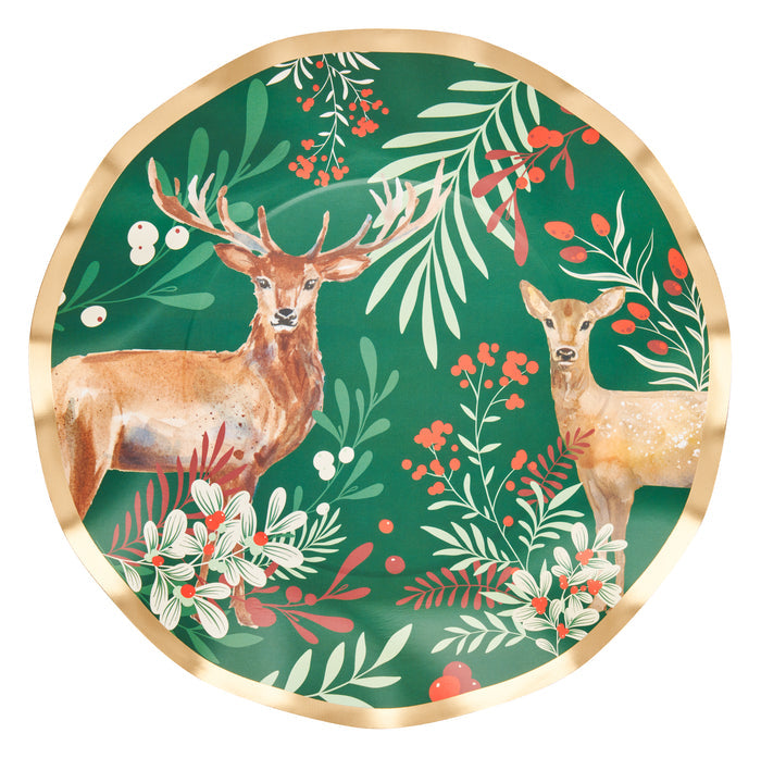 Upgrade your holiday table with the Sophistiplate Christmas Forest Salad Plates/8pk. Each round plate features elegant wavy edges with gold trim and a beautifully painted stag and doe, surrounded by green leaves, red berries, and white accents on a rich green background. Part of our festive Christmas Forest Collection, these holiday reindeer plates are perfect for bringing seasonal charm to your gatherings.
