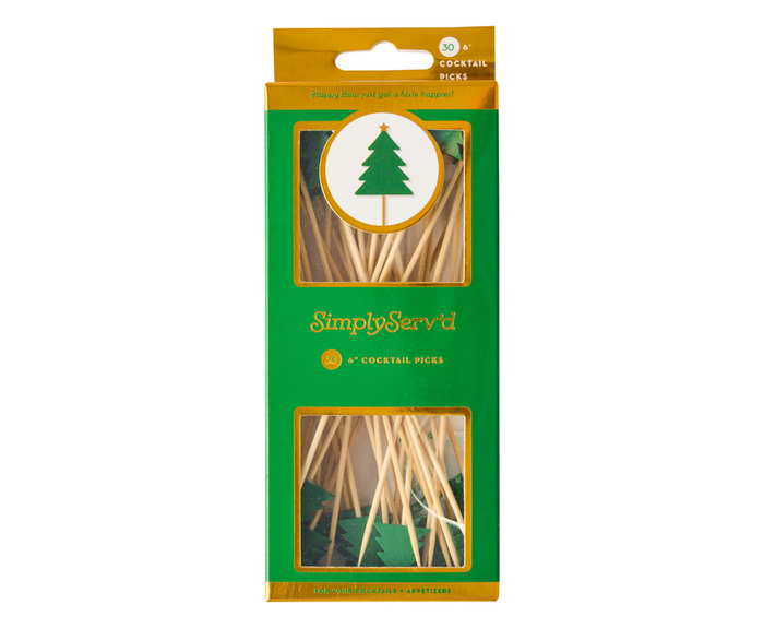 A green and yellow Simply Serv'd box labeled "Christmas Tree Large Cocktail Picks/30pk" displays 30 compostable party picks with green Christmas tree toppers, visible through two clear front windows.