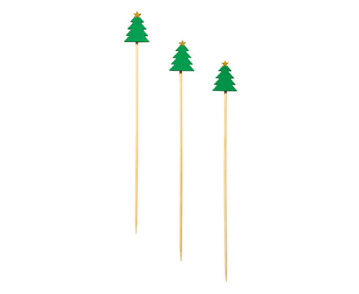 Simply Serv'd Christmas Tree Large Cocktail Picks/30pk feature green tree toppers with yellow stars. Displayed on a white background, these festive picks add a cheerful touch to any holiday gathering.