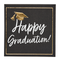 Celebrate in style with Sophistiplate's Classic Grad Cocktail Napkins (26pk)—black napkins featuring a gold cap and tassel, plus "Happy Graduation!" in bold white script with a gold border. Perfect for any graduation party!.