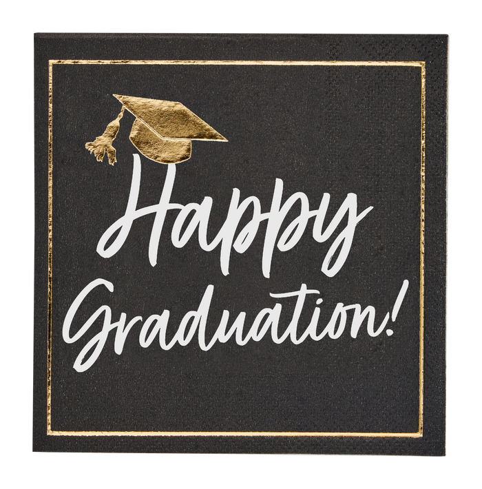 Celebrate in style with Sophistiplate's Classic Grad Cocktail Napkins (26pk)—black napkins featuring a gold cap and tassel, plus "Happy Graduation!" in bold white script with a gold border. Perfect for any graduation party!.