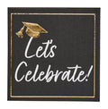 Sophistiplate Classic Grad Cocktail Napkins (26pk) feature a black design with a gold border, gold graduation cap, and “Let’s Celebrate!” in white script—ideal for elegant graduation party or cocktail napkin use.