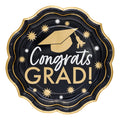 Celebrate in style with Sophistiplate’s Classic Grad Dinner Plates (8pk)—scalloped black plates with gold trim, featuring a gold cap, “Congrats GRAD!” in white and gold, and star accents. Perfect disposable graduation plates for your party.
