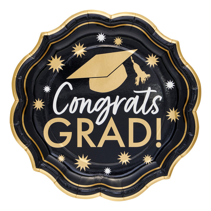 Celebrate in style with Sophistiplate’s Classic Grad Dinner Plates (8pk)—scalloped black plates with gold trim, featuring a gold cap, “Congrats GRAD!” in white and gold, and star accents. Perfect disposable graduation plates for your party.