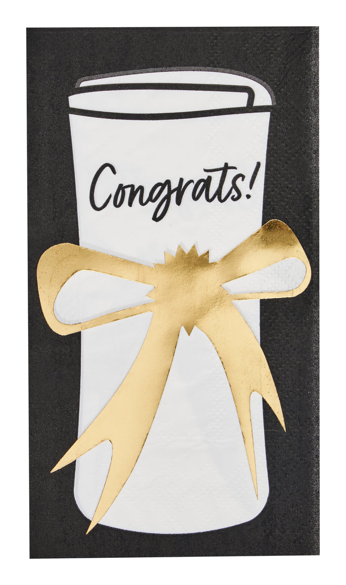 A white rolled-up diploma reading "Congrats!", tied with a metallic gold bow on a black background—perfect for celebrating with Sophistiplate Classic Grad Guest Towels/20pk.