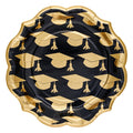 The Sophistiplate Classic Grad Salad Plates (8pk) feature a round, scalloped-edge design with a black background, gold graduation caps and tassels, and a gold rim—ideal chic tableware for your celebration.