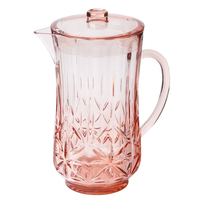 The Sophistiplate Classic Pitcher in Blush holds 53 oz, is BPA-free and translucent pink, with a lid, a faceted diamond-cut pattern, and a curved handle.