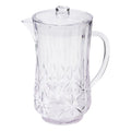 The Sophistiplate Classic Pitcher (53 Oz) in clear features a faceted, diamond-like textured body, matching lid, and handle. Made from BPA-free plastic, it is dishwasher safe and shown on a white background for a decorative look.