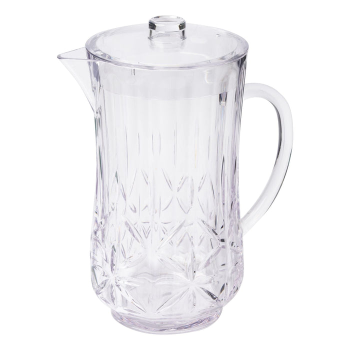 The Sophistiplate Classic Pitcher (53 Oz) in clear features a faceted, diamond-like textured body, matching lid, and handle. Made from BPA-free plastic, it is dishwasher safe and shown on a white background for a decorative look.
