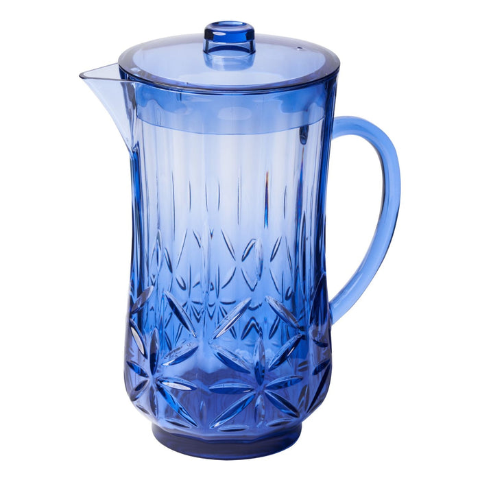 The Sophistiplate Classic Pitcher | Cobalt | 53 Oz is a translucent blue, shatterproof BPA-free pitcher with a handle, lid, and decorative faceted design.