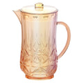 The Sophistiplate Classic Pitcher in Gold (53 Oz) features a translucent, BPA-free design with a lid and handle and a geometric cut-glass pattern on the lower half.