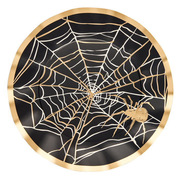 The Sophistiplate Classic Spooky Wavy Paper Dinner Plate/8pk features a black background with a gold spiderweb and spider, plus gold foil accents on the rim—perfect for an elegant Halloween tablescape.