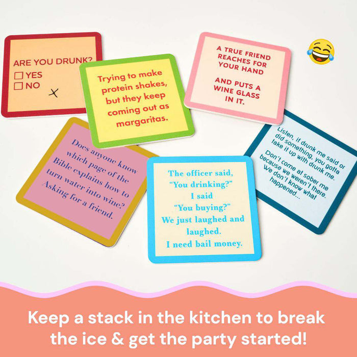 Six colorful “Are You Drunk?” coasters by Drinks On Me, each with a party quote, are arranged on a white surface. A laughter emoji is in the top right. Text below suggests keeping this coaster bundle in your kitchen to break the ice at parties.
