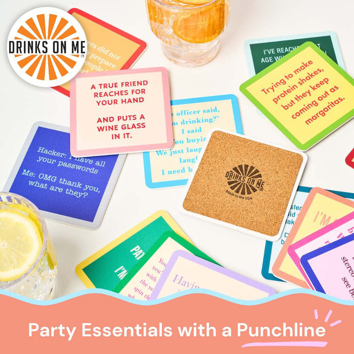 The Coaster Bundle: Best Friends by Drinks On Me features colorful, witty coasters with clever quotes and the brand logo—party essentials with a punchline, perfect for gifting friends.