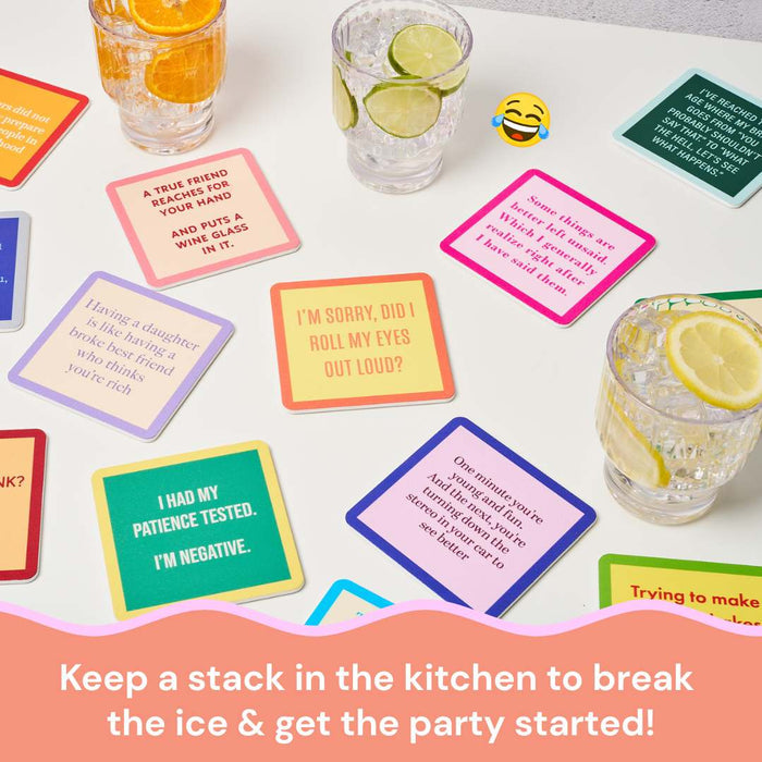 Colorful, funny "Coaster Bundle: Best Friends" by Drinks On Me is displayed with citrusy water glasses. Text reads: Keep a Coaster Bundle in the kitchen to break the ice & get the party started!.