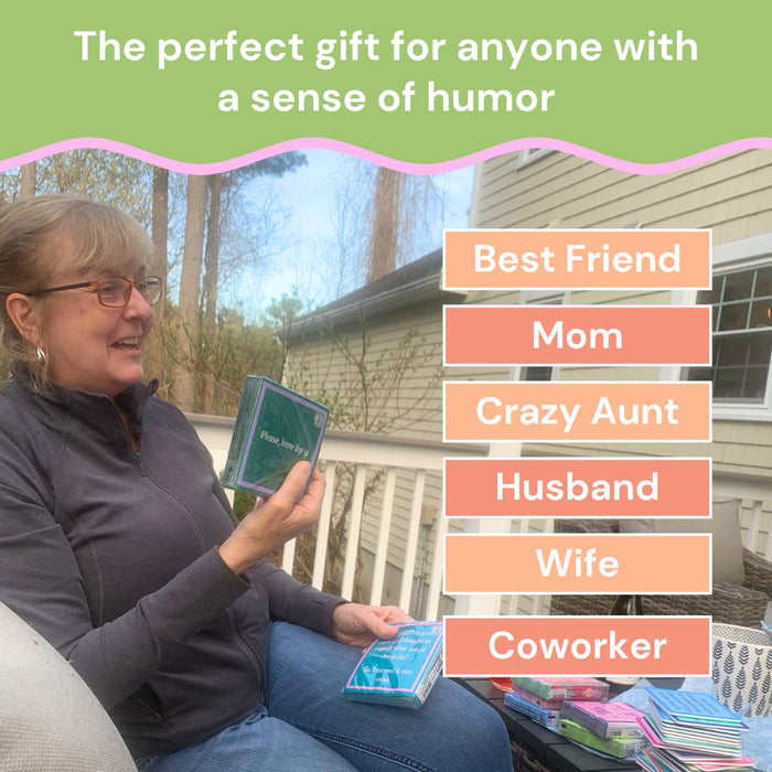 A woman smiles outdoors holding a Drinks On Me Coaster Bundle: Best Sellers. Text above reads, "The perfect party gift for anyone with a sense of humor," with suggested recipients: Best Friend, Mom, Crazy Aunt, Husband, Wife, Coworker.